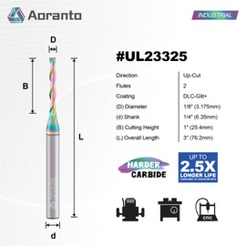 Aoranto UL23325 1/8" Upcut Spiral CNC Router Bit 1/4" Shank, Industrial Quality Extra Long Life Coating Solid Carbide Up Cut End Mill for Wood Slot Engraving Carving, 1/8 Inch Dia x 1 Inch CL