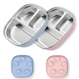 TAOceeXI Stainless Steel Toddler Plates with Suction | Non-Slip Divided Baby Plates BPA Free & Non Toxic | Detachable Silicone Base| Dishwasher Safe | Unbreakable Kids Dinnerware 2-pack（Blue + pink）