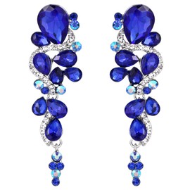 BriLove Women's Clip On Earrings Wedding Bridal Jewelry Bohemian Boho Crystal Multiple Teardrop Chandelier Screw Back Dangle Royal Blue Silver-Tone