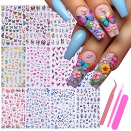 Butterfly Nail Art Sticker Decals 14 PCS Colorful Flower Vine Nail Decals with Tweezers Gradient Pink Blue Butterflies Designs 3D Adhesive Stickers for Women Girls DIY Summer Manicure Decor Supplies