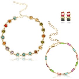 NEWITIN 4 Pieces Colorful Crystal Jewelry Set for Women Cubic Zirconia Choker Necklace Multicolor Crystal Bracelet Colorful Crystal Earrings for Women Gift Prom Party Jewelry Accessories