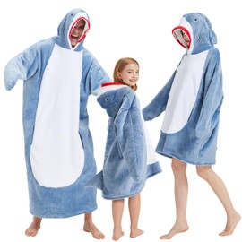 BRAFFWNE Wearable Blanket Hoodie for Kids, Flannel Blanket Hooded for Easy Movement, Warm and Cozy Onesie Costume, Snuggie Gift for Girls and Boys (Blue Shark, Kids)