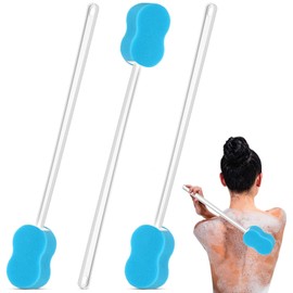 Norme 3 Pcs 22.4 Inch Long Handle Back Bath Sponge Lightweight Sponge on a Stick Body Cleaning Handled Washer Scrubber for Foot Body Limited Range of Motion, Blue