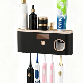 Toothbrush Sterilizer Holder Wall Mounted, USB Rechargeable Automatic Toothpaste Dispenser with 5 Brush Slots, Bathroom Organizer for Families (Black)
