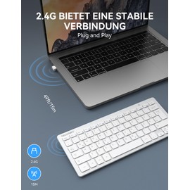 TECKNET Slim Kabellose Tastatur, Deutsches Layout QWERTZ, 2.4 GHz, 78 Tasten Mini Wireless Tastatur mit Nano USB Empfänger für Windows 11/10/8/7/Vista/XP and Android Smart TV - Weiß