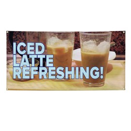 Vinyl Banner Multiple Sizes Iced Latte Refreshing! C Restaurant & Food Outdoor Weatherproof Industrial Yard Signs Brown 4 Grommets 12x30Inches