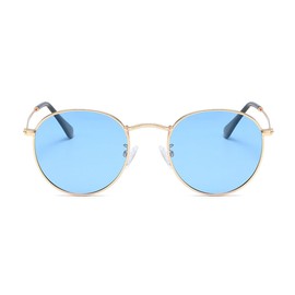 RUNHUIS Small Round Polarised Sunglasses Women Men Vintage Classic Super Light Metal Frame Glasses Retro Fashion Glasses for Driving Fishing, Gold/Blue