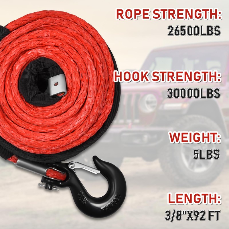 3/8" x 92ft Synthetic Winch Rope, 26500lbs Winch Rope Cable