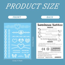 Konsait 10 Sheets Glow in the Dark Tattoos Temporary Tattoos For Women Girls Glow Tattoos Blue Tattoos for Kids Flower Music Butterfly Tattoos Luminous Birthday Body Make Up Fake Tattoo