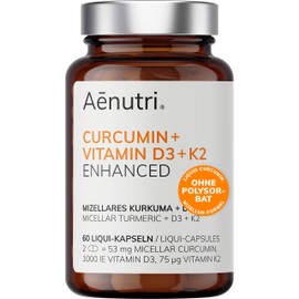 Curcumin Plus High Dose | Liquid Turmeric in Micellar Formula | No Polysorbate, No Piperine | Liquid with Vitamin D3 + K2 | Laboratory Tested Quality from Germany | 60 Capsules