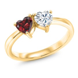 Gem Stone King 18K Yellow Gold Plated Silver Fashion Right-Hand Ring Heart Shape Red Garnet and Moissanite (1.02 Cttw) (Size 6)