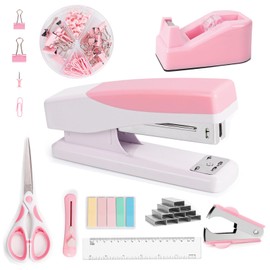Benjojo Pink Office Supplies, Pink Desk Accessories for Women, Cute Stapler and Tape Dispenser Set- Staple Remover, Clips, Staples, Scissor, Knife, Ruler, Tabs, Gift for Coworkers, Students