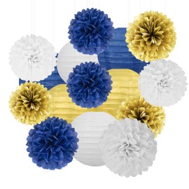 Navy-Blue White Gold Party Decorations - 15Pcs Tissue Pom Poms Paper Flowers Paper Lanterns Graduation Men Boy Birthday Wedding Bridal Baby Shower Father Day Decorations Supplies HongTongTong