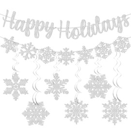 TELAIN Christmas Decoration Set with Glittering Happy Holidays Banner, Snowdrift Garland, and 6 Winter Hanging Swirls, Perfect for Winter Parties
