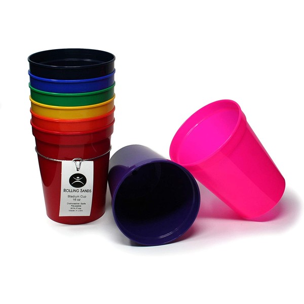 Rolling Sands 16 Ounce Reusable Plastic Stadium Cups Rainbow, 8 Pack, Made in USA, BPA-Free Dishwasher Safe Plastic Tumblers