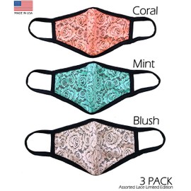 Econo High - Fashion Cotton Floral Lace Face Mask Cover Blush, Coral, Mint -Made In USA Washable Everyday 2 Layer - 3 PACK (Neon Assorted Mix)