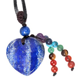 KYEYGWO 7 Chakra Crystal Heart Pendant for Men and Women, Heart Shape Gemstone Necklace, Healing Stone Necklaces, Love Amulet Blessing Jewellery, Lucky Charm, Lapis Lazuli 7 chakras stone Wax rope,