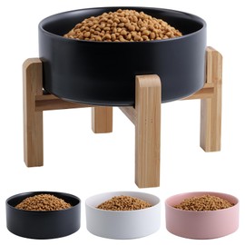 Addggo Black Elevated/Raised Dog Bowl Ceramic with Wood Stand for Medium Large Breed,Non Slip Heavy Wighted Dog Food Water Dish,Cute Porcelain Big Pet Bowl Extra Large