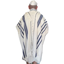 Kosher Tallit Prayer Shawl 100% Wool .Blue&silver Stripes.n-50-47x67"/120x170cm