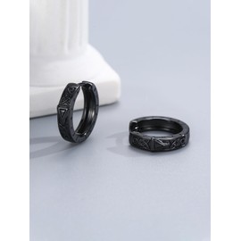 Black Creole Earrings Silver 925 Men's Viking Rune/Eye of Horus/Cross/Skull/Celtic/Roman/Valknut/Arrow/Wolf Numerals Earrings Unisex Jewellery for Men Women, Sterling Silver, No Gemstone