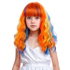 Edivd Colorful Wig for Kids Girls Short Rainbow Wig with Air Bangs Children Multi Color Wavy Curly Wigs Heat Resistant Synthetic Wigs with Cap