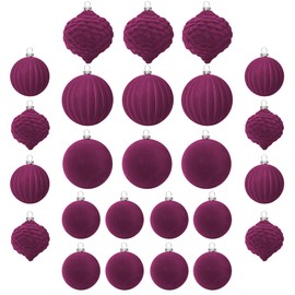 Pack of 25 Plastic Velvet Christmas Baubles, Velvet, Magenta, Purple, 6 cm, 8 cm, for Christmas Tree, Baubles, Christmas Decoration