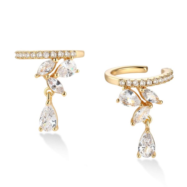 Gold Dangle Hoop Ear Cuff Dainty Cubic Zirconia Flower Dangle