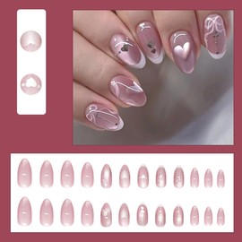 BQZQPAMZ 24pcs Pink Glitter Press On Nails Short Almond Bow Glossy False Nails Heart-Shaped Design Stick on Nails Full Coverage Acrylic Nails for Women DIY Spring Manicure Supplies