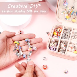 Charm Bracelet Making Kit - Girls 66 Pcs DIY Beaded Jewelry Making Kit, Girls Gifts Toys Crafts for Girls Ages 5 6 7 8-12, with a Portable Bracelet Organizer Box(Purple)