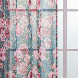 L.Z.E Floral Sheer Curtains 96 Inches Long 2 Panels, Light Filtering Vintage Curtains for Living Room Bedroom Dining Room, Pink Flowers on Teal Green Grommet Semi Sheer Window Drapes