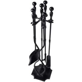 AMAGABELI Garden & Home 5 Pcs Fireplace Tools Set 31 Inch Indoor Black Handle Wrought Iron Large Fire Tool Accessories Set Holder Outdoor Fireset Modern Fire Pit Stand with Poker Brush Shovel Tong