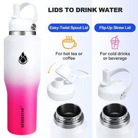 SENDESTAR 32oz Water Bottle Wide Mouth Stainless Steel Vacuum Insulated Double Wall with 2 Straw Lids Fit in Any Car Cup Holder TXIN-32-WP-1