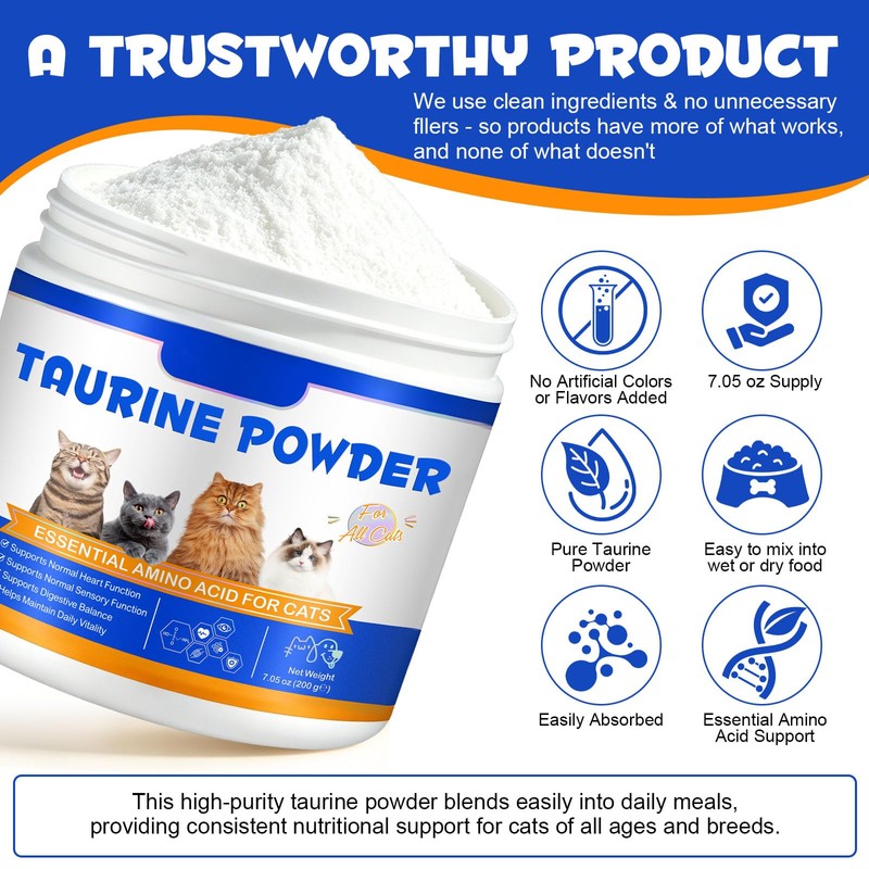 Taurine Powder for Cats, Cat Supplement for Heart, Vision, and