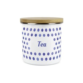 Purely Home Indigo Polka Dots Spots Tea Canister - White Metal Enamel Kitchen Food Storage Container