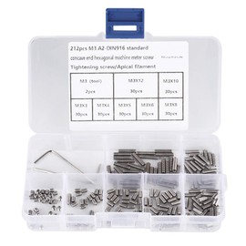 Hilitand A2-DIN916 Hex Socket Set Screw, Stainless Steel, M3 x 3/4/5/6/8/10/12 mm, 212 Pieces