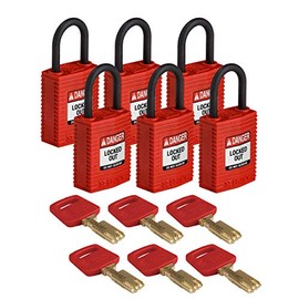 Brady (CPT-RED-25PL-KD6PK) SafeKey Nylon Lockout Padlock - Compact with Nylon Shackle 25.00 mm Red KD - Multi-Locking Locks Pack of 6