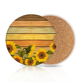 2 Pack Car Coasters for Cup Holders Absorbent 2.56", Romantic Sunflower Leaves Farmhouse Wooden Flower, Decor Floral Rustic Farm Wood Leaf Green Ceramic Drink Coasters Cork Base Gift for Women Men