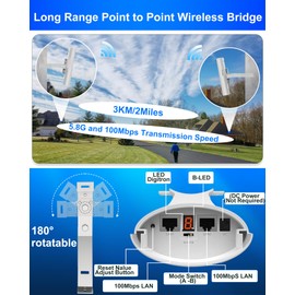 5.8G Wireless Bridge with Pole/Wall Mount Bracket - Extend Starlink Internet to Outdoor Access Point, 2 Miles Point to Point Starlink WiFi Extender with PoE Adapter, IP65 Waterproof Rating (2-Pack)