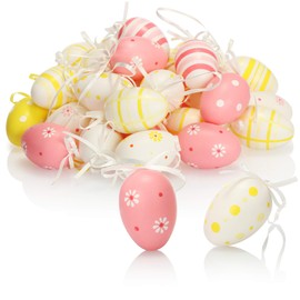 com-four® 36x Hand-Painted Easter Eggs to Hang Up - Pastel-Coloured Easter Decorations with Great Patterns - Decorative Easter Eggs with Ribbon - 6 cm
