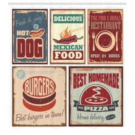 Ambesonne Cortina de ducha retro, letreros nostálgicos de estaño, impresiones de comida mexicana, diseño de logotipo de publicidad envejecida, tela de tela para decoración de baño con ganchos, 69 pulgadas de ancho x 70 pulgadas de largo, blanco burdeos m
