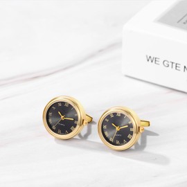 JewelryWe Men's Watches with Cufflinks, Pocket Watch: Analogue Quartz Cuff Watch Round Roman Numerals Dial Watch Cufflink Watch Gold/Silver Gift for Men, Gold-black