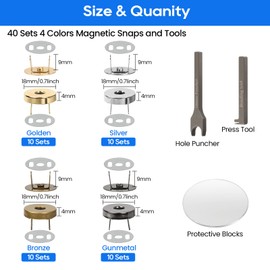40 Sets 4 Colors Magnetic Snaps Closures with Installation Tools, Magnetic Purses Closure Clasps Include 3 Setting Tools for Sewing, Purses, Bags, Clothes, Crafting, Leather Projects(18MM)