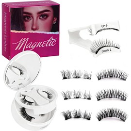 2 Pares Superior e Inferior de Pestañas Magnéticas Naturales Sin Pegamento, Set de 4 Piezas para 1 Par Completo, Pestañas Postizas Magnéticas con Aplicador y Estuche con Espejo, Reutilizables, Ligeras y de Fácil Retiro (CT15-3)