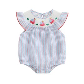 Newborn Baby Girl Outfit Octopus/Crab/Seahorse Stripe Sleeveless Smocked Bubble Romper Infant Bodysuit Summer Clothes (Stripe, 12-18 Months)