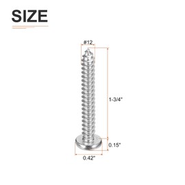 DTGN #12x1-3/4 Phillips Pan Head Self-Tapping Screw - 25Pack - Bright Finish 304 Stainless Steel Sheet Metal Screws Wood Screws