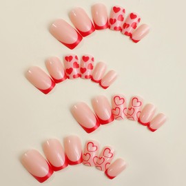 Red French Tip Press on Nails with Heart Valentine's Day Square Medium False Nails with Red Heart Designs Glossy Full Cover Reusable Artificial Coffin Fake Nails Glue on Fingernails for Women
