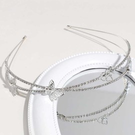 Teensery Metal Rhinestone Headband Double Layer Butterfly Hair Band Wedding Hair Loop Bridal Hair Accessories for Women and Girls, 1 Piece (Silver)