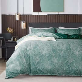 Nayoroom Bed Linen 135 x 200 cm, Duvet Cover Set with Green Dark Green Leaves Pattern, Microfibre Tropical Palm Leaves Reversible Bedding Set with Zip and Pillowcase 80 x 80 cm