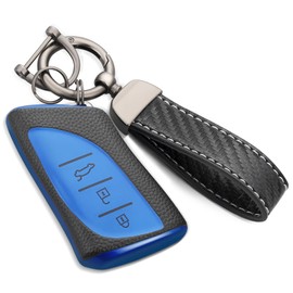 CTRINEWS for Lexus Key Fob Cover with Carbon Fiber Style Belt Keychain, Upgraded TPU Surface Grain Case for ES (2018-2022), GX (2019-2022), NX/RC (2022) (3 buttons) (Blue, B2)
