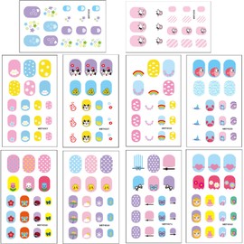 10 Sheets Colorful Kid Nail Stickers Full Nail Wraps for Kids Girls Self Adhesive Nail Strips for Nail Art Decoration Fun Including Fish Rainbow Cow Flower Strawberry Heart Sun for Age 6 and Older